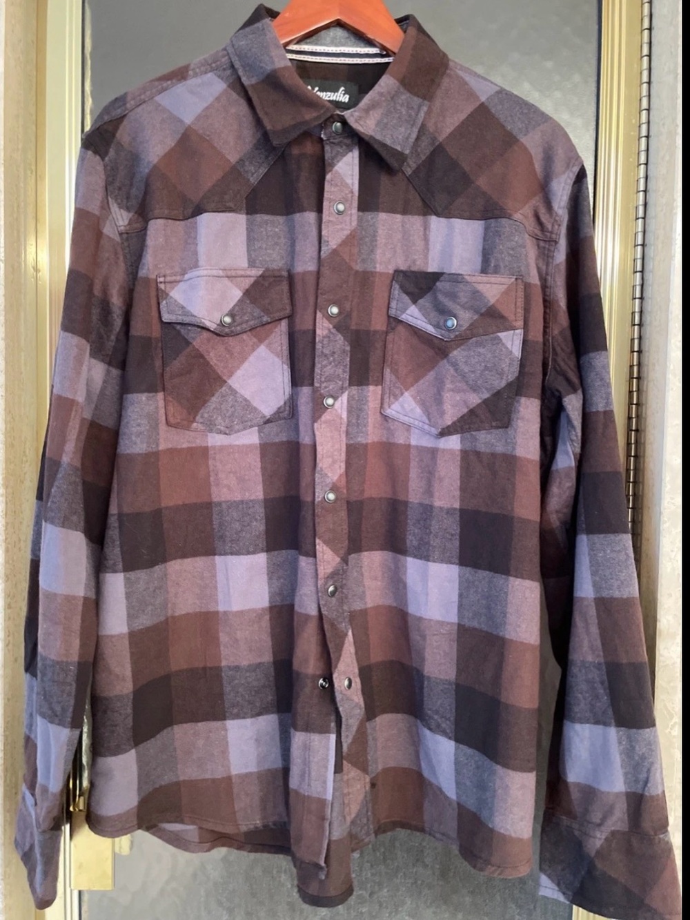Venzulia 100% Cotton Burgundy/Gray Plaid Snap Front Flannel Shirt Size Large